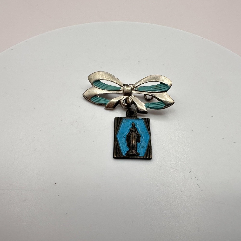 Vintage 90s Catholic Miraculous Medal Bow Pin Virgin Mary Religious Jewelry - Picture 5 of 8